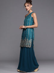 Teal Gold Embroidered Kurta with Sharara and Ruffled Net Dupatta - Inddus.com