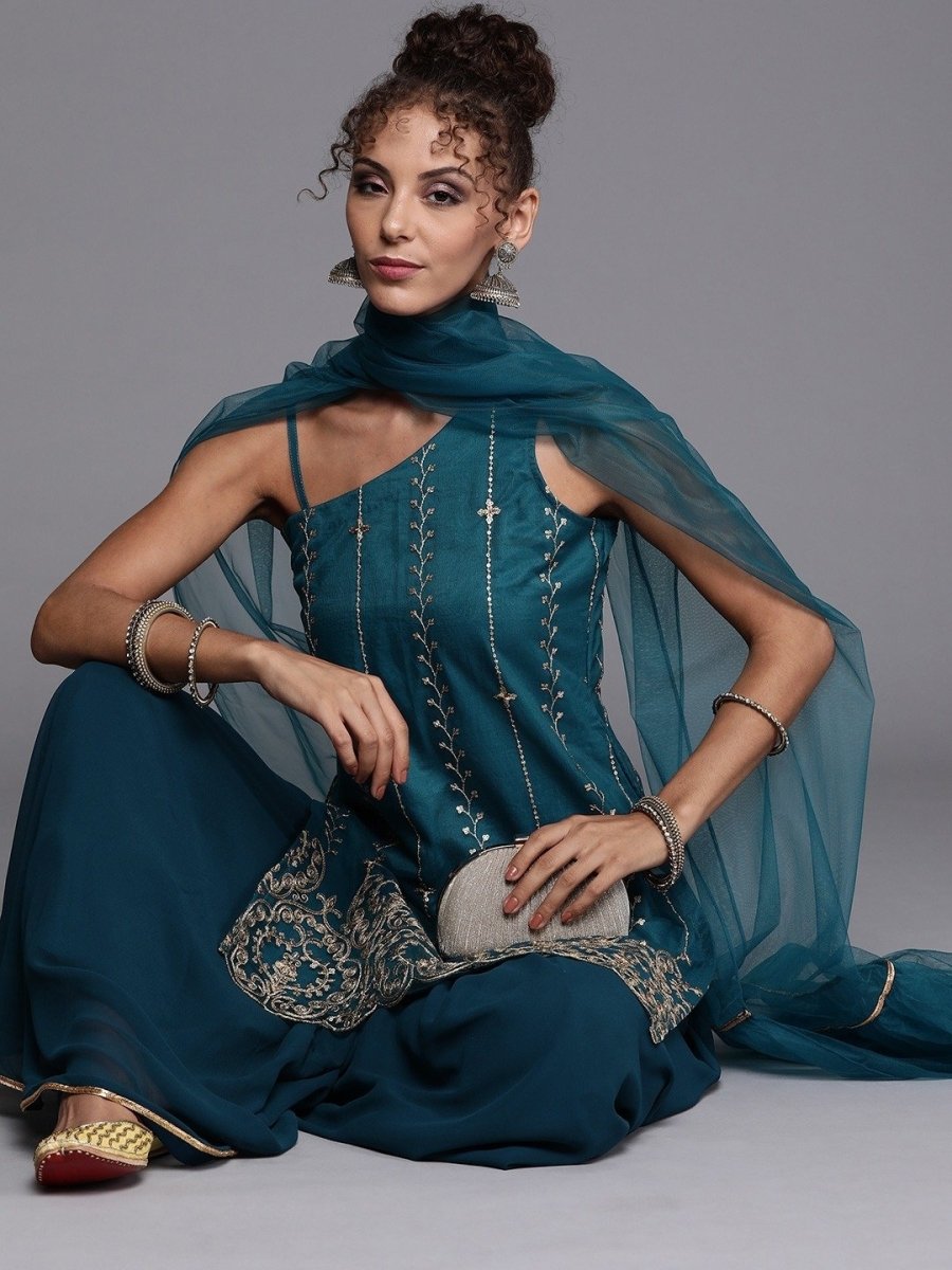 Teal Gold Embroidered Kurta with Sharara and Ruffled Net Dupatta - Inddus.com
