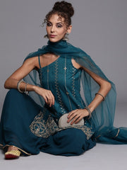 Teal Gold Embroidered Kurta with Sharara and Ruffled Net Dupatta - Inddus.com