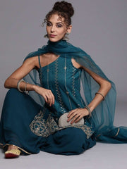 Teal Gold Embroidered Kurta with Sharara and Ruffled Net Dupatta - Inddus.com
