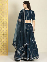 Teal & Gold-Toned Embroidered Semi-Stitched Lehenga & Unstitched Blouse With Dupatta - Inddus.com