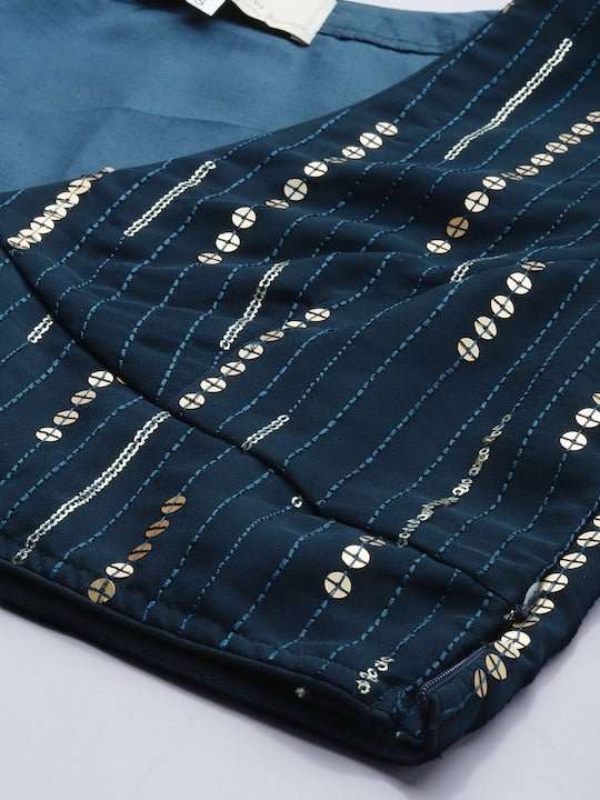 Teal & Gold-Toned Embroidered Semi-Stitched Lehenga & Unstitched Blouse With Dupatta - Inddus.com