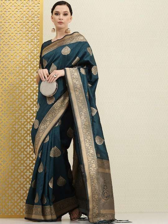 Teal & Gold-Toned Ethnic Motifs Zari Silk Blend Banarasi Saree - Inddus.com