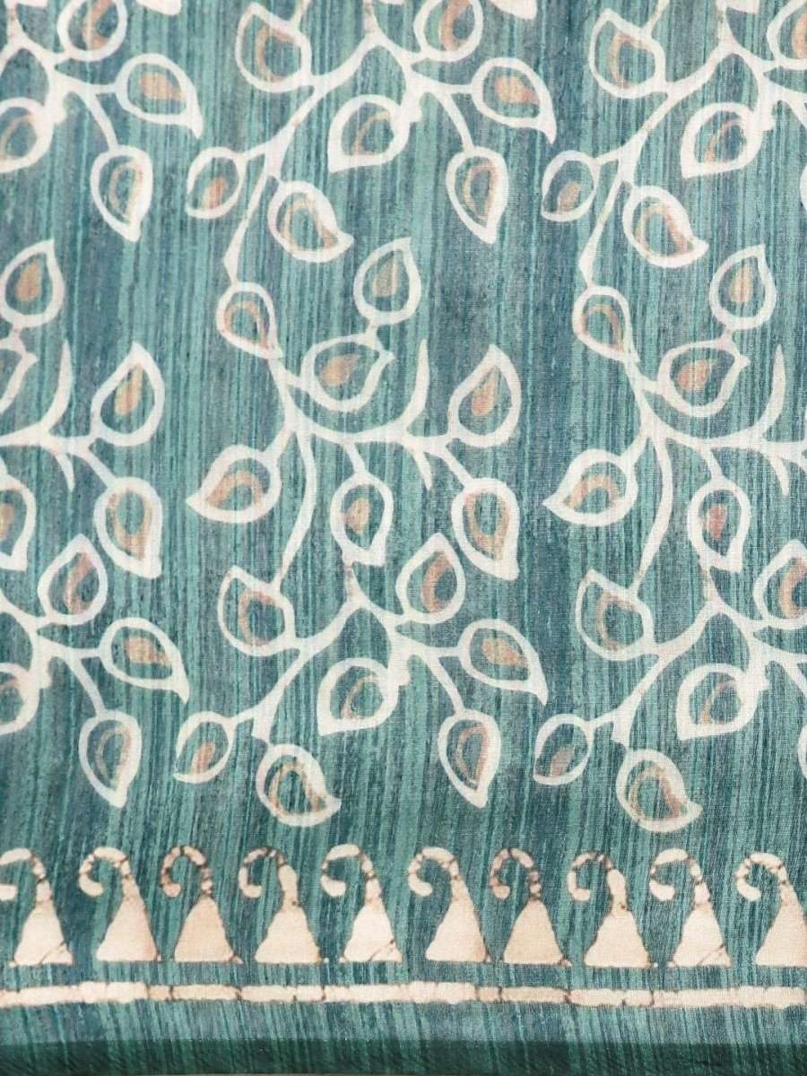 Teal Green & Beige Cotton Blend Printed Saree - inddus-us
