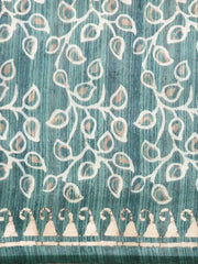 Teal Green & Beige Cotton Blend Printed Saree - inddus-us