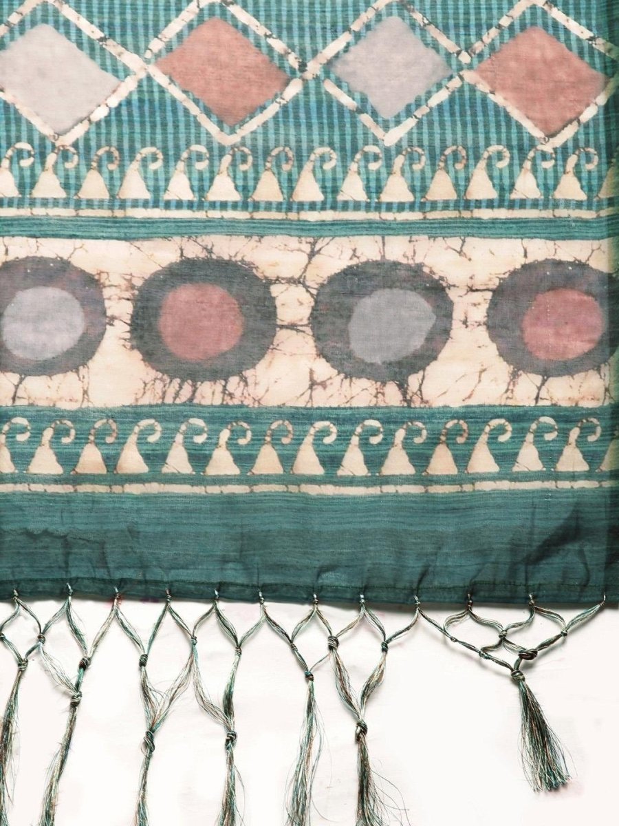 Teal Green & Beige Cotton Blend Printed Saree - inddus-us