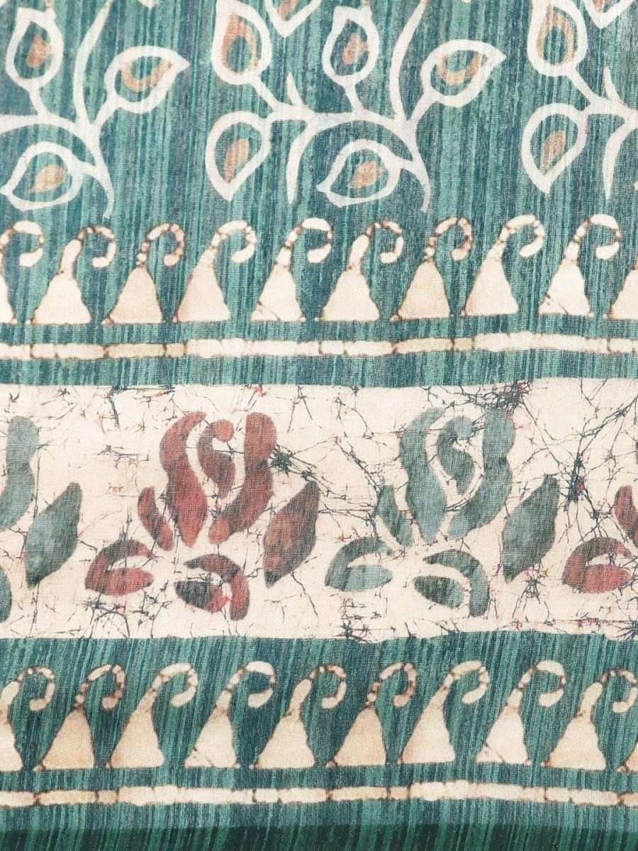 Teal Green & Beige Cotton Blend Printed Saree - inddus-us