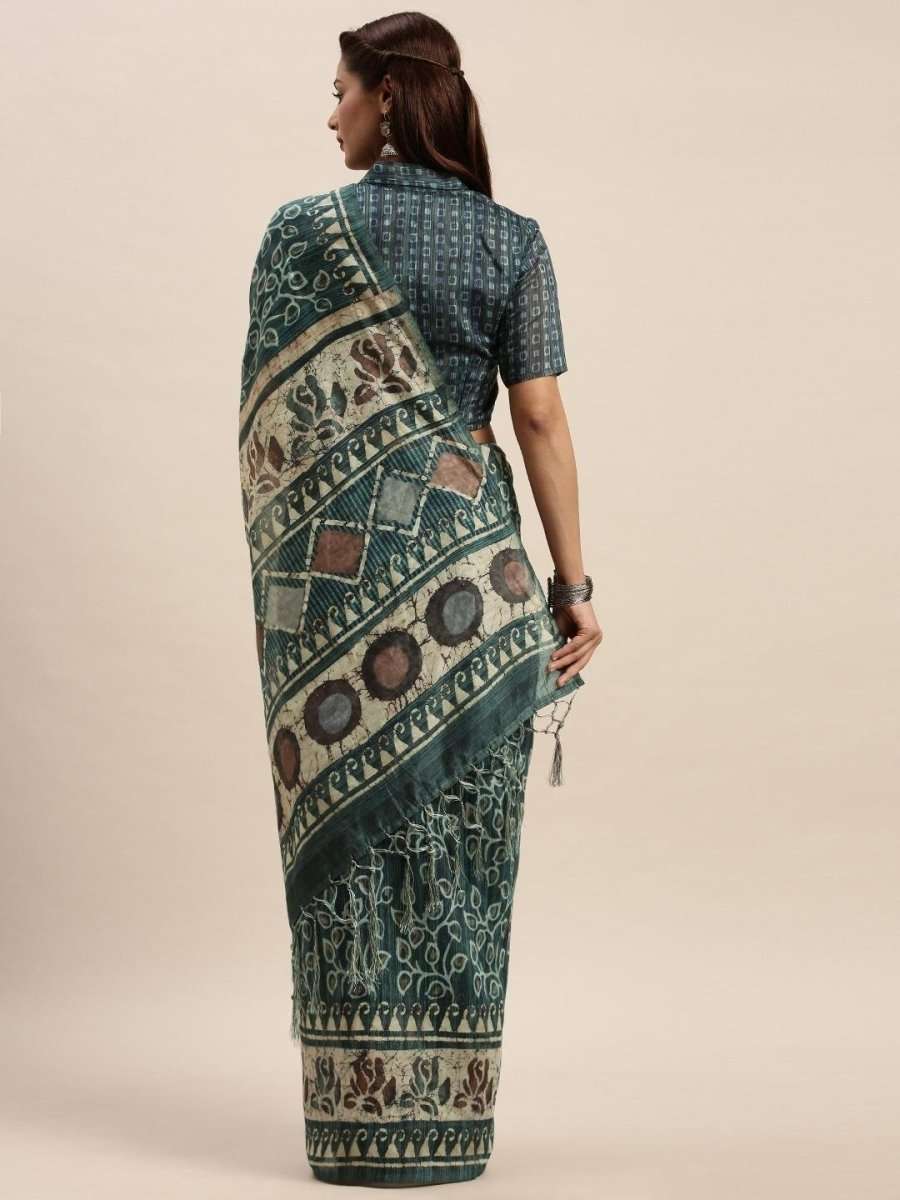 Teal Green & Beige Cotton Blend Printed Saree - inddus-us