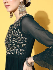 Teal Green Floral Embroidered Gown - Inddus.com