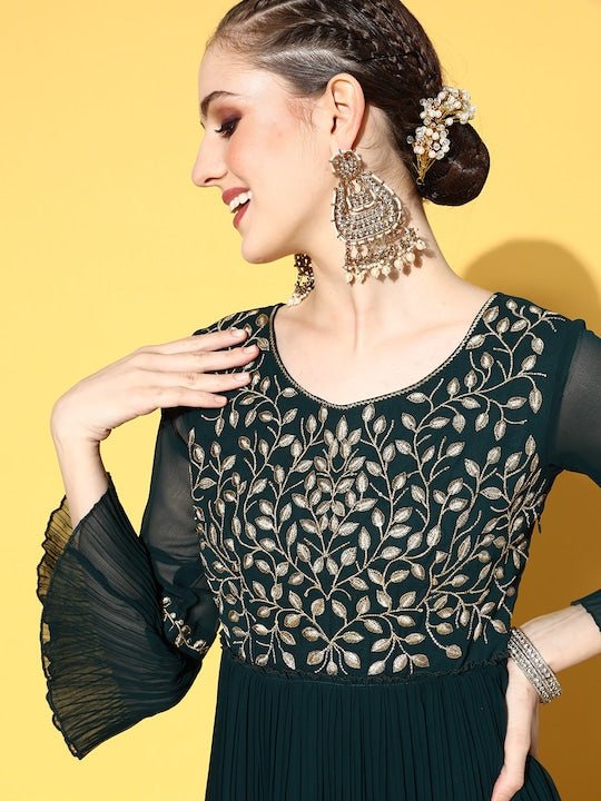 Teal Green Floral Embroidered Gown - Inddus.com