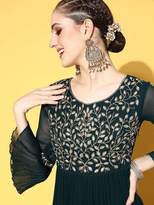 Teal Green Floral Embroidered Gown - Inddus.com