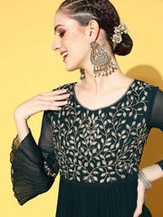 Teal Green Floral Embroidered Gown - Inddus.com