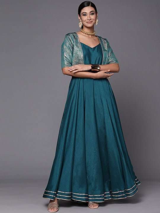 Teal Green Solid Maxi Dress with Brocade Jacket - Inddus.com