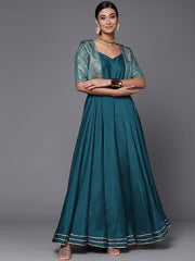 Teal Green Solid Maxi Dress with Brocade Jacket - Inddus.com