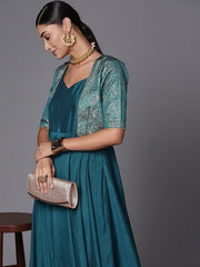 Teal Green Solid Maxi Dress with Brocade Jacket - Inddus.com