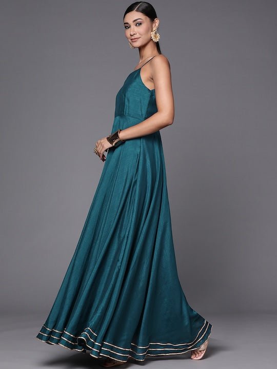 Teal Green Solid Maxi Dress with Brocade Jacket - Inddus.com