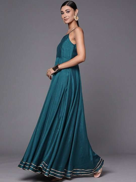 Teal Green Solid Maxi Dress with Brocade Jacket - Inddus.com