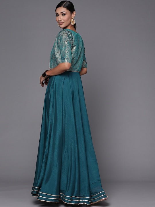Teal Green Solid Maxi Dress with Brocade Jacket - Inddus.com
