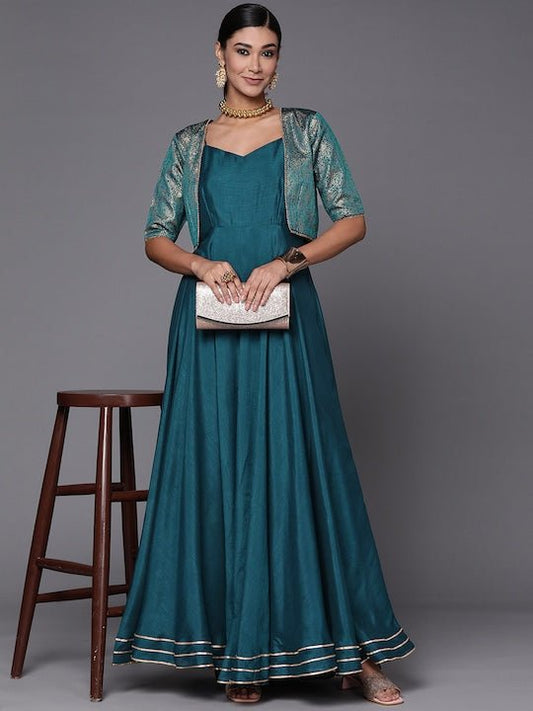 Teal Green Solid Maxi Dress with Brocade Jacket - Inddus.com