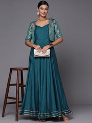 Teal Green Solid Maxi Dress with Brocade Jacket - Inddus.com