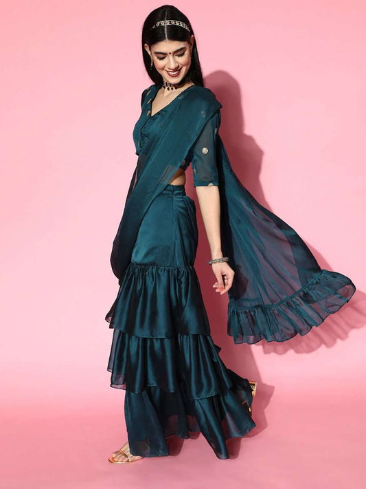 Teal Lehenga Saree with Blouse Piece - Inddus.com