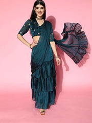 Teal Lehenga Saree with Blouse Piece - Inddus.com