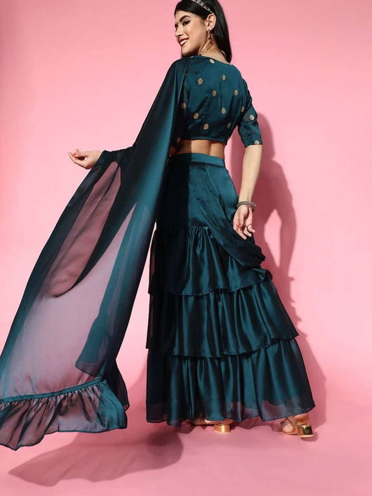 Teal Lehenga Saree with Blouse Piece - Inddus.com