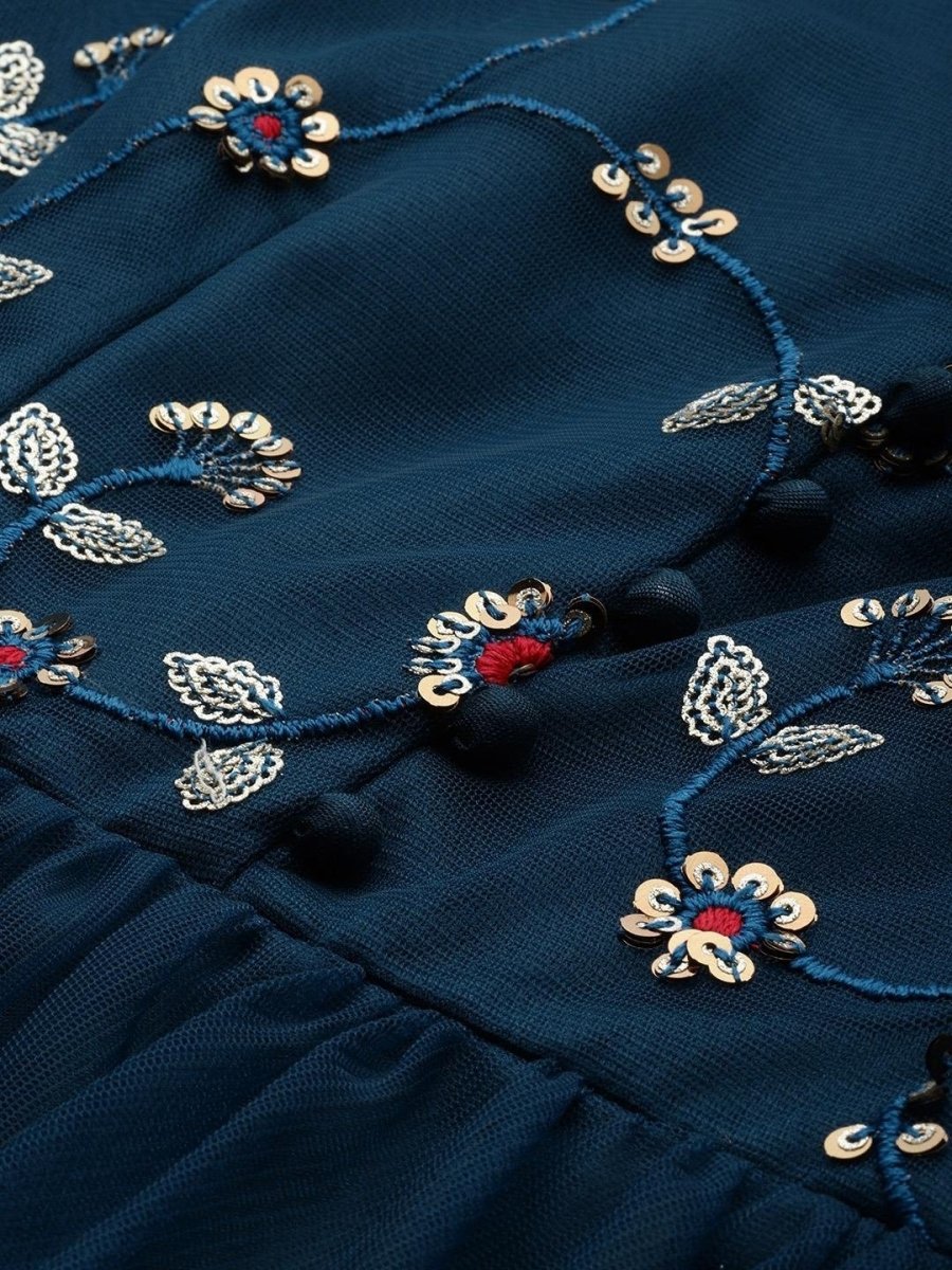 Teal Net Embroidered Fit & Flared Gown - inddus-us