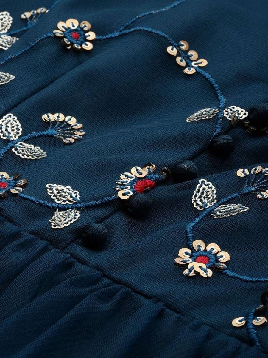 Teal Net Embroidered Fit & Flared Gown - inddus-us
