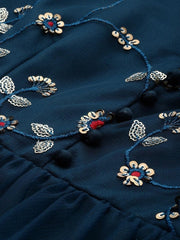 Teal Net Embroidered Fit & Flared Gown - inddus-us