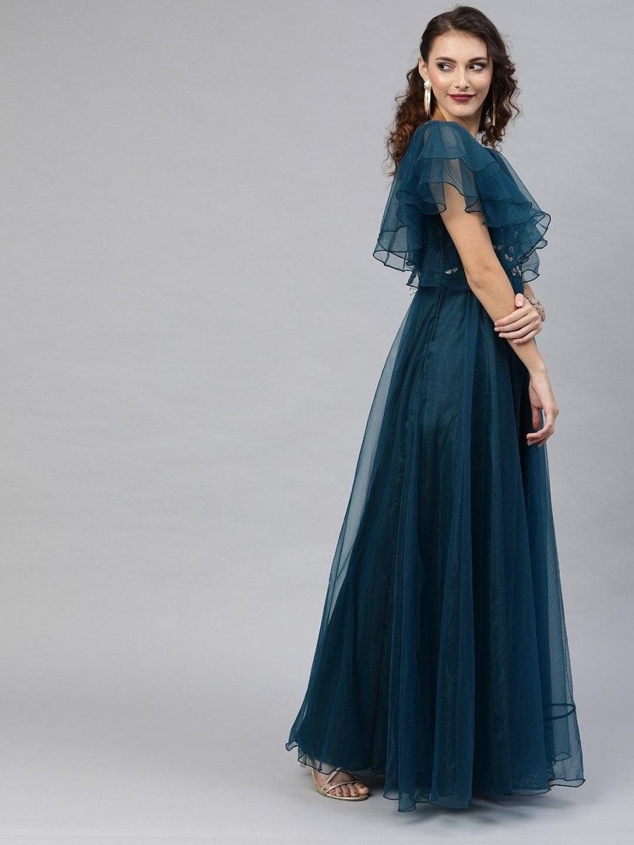 Teal Net Embroidered Fit & Flared Gown - inddus-us