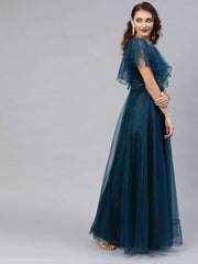 Teal Net Embroidered Fit & Flared Gown - inddus-us