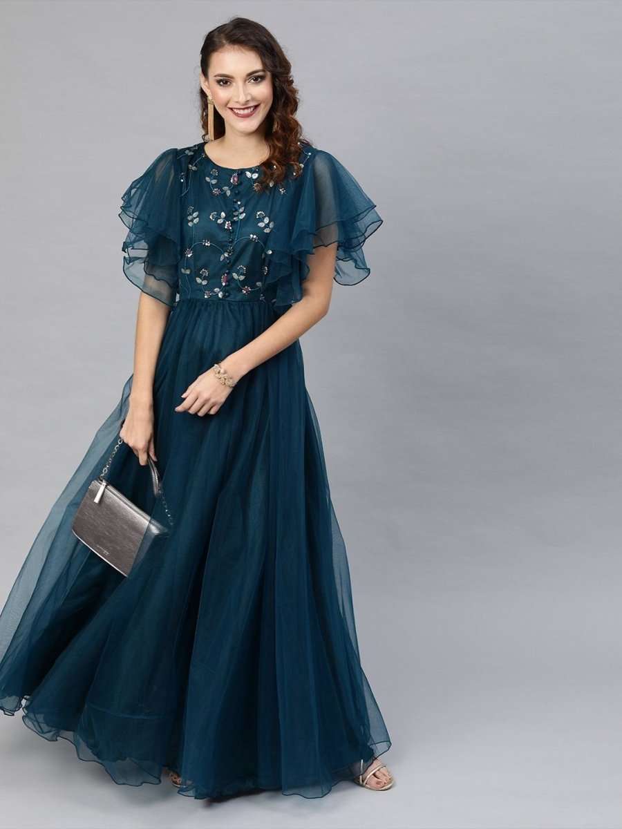 Buy Superior Green Net Partywear Gown Online - Inddus US XS-34 Buy Superior Green Net Partywear Gown Online - Inddus US XS-34