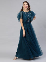 Teal Net Embroidered Fit & Flared Gown - inddus-us