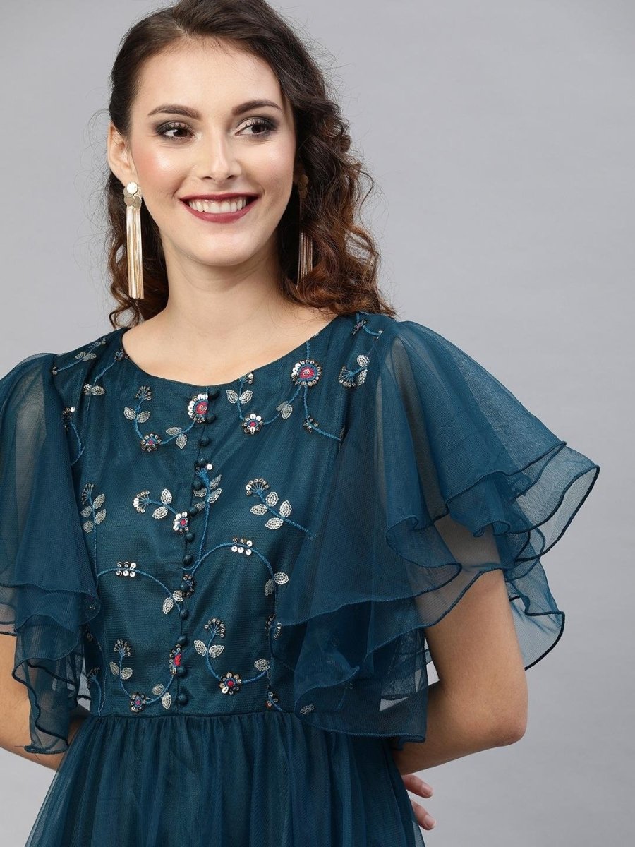 Teal Net Embroidered Fit & Flared Gown - inddus-us