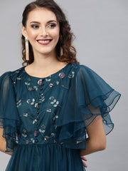 Teal Net Embroidered Fit & Flared Gown - inddus-us