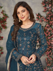 Teal Net Partywear Anarkali Suit - Inddus.com