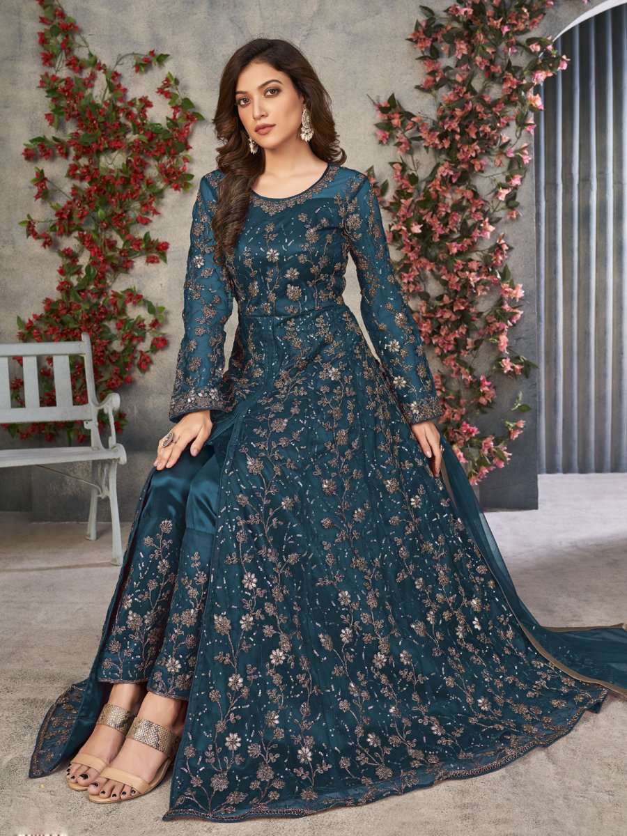 Teal Net Partywear Anarkali Suit - Inddus.com