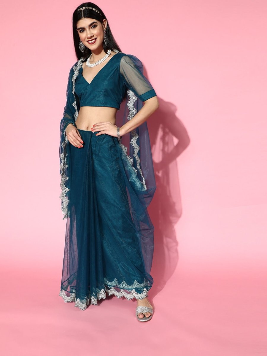 Teal Net Saree with Blouse Piece - Inddus.com