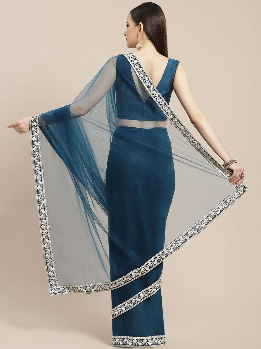 Teal Net Sequinned Embroidered Saree - inddus-us