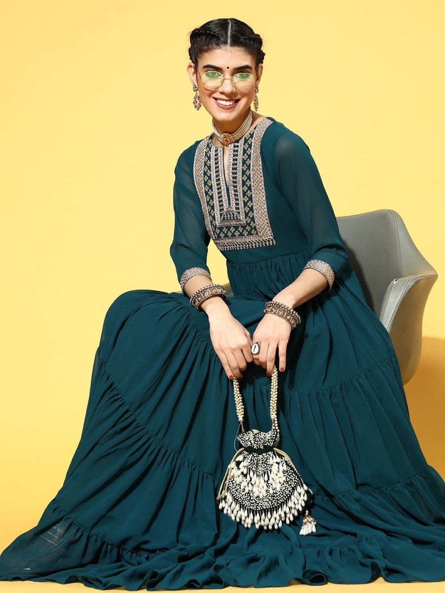 Teal Nylon Partywear Self Design Dresses - Inddus.com