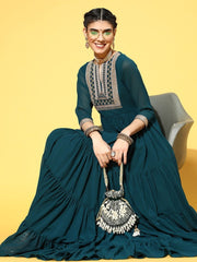Teal Nylon Partywear Self Design Dresses - Inddus.com