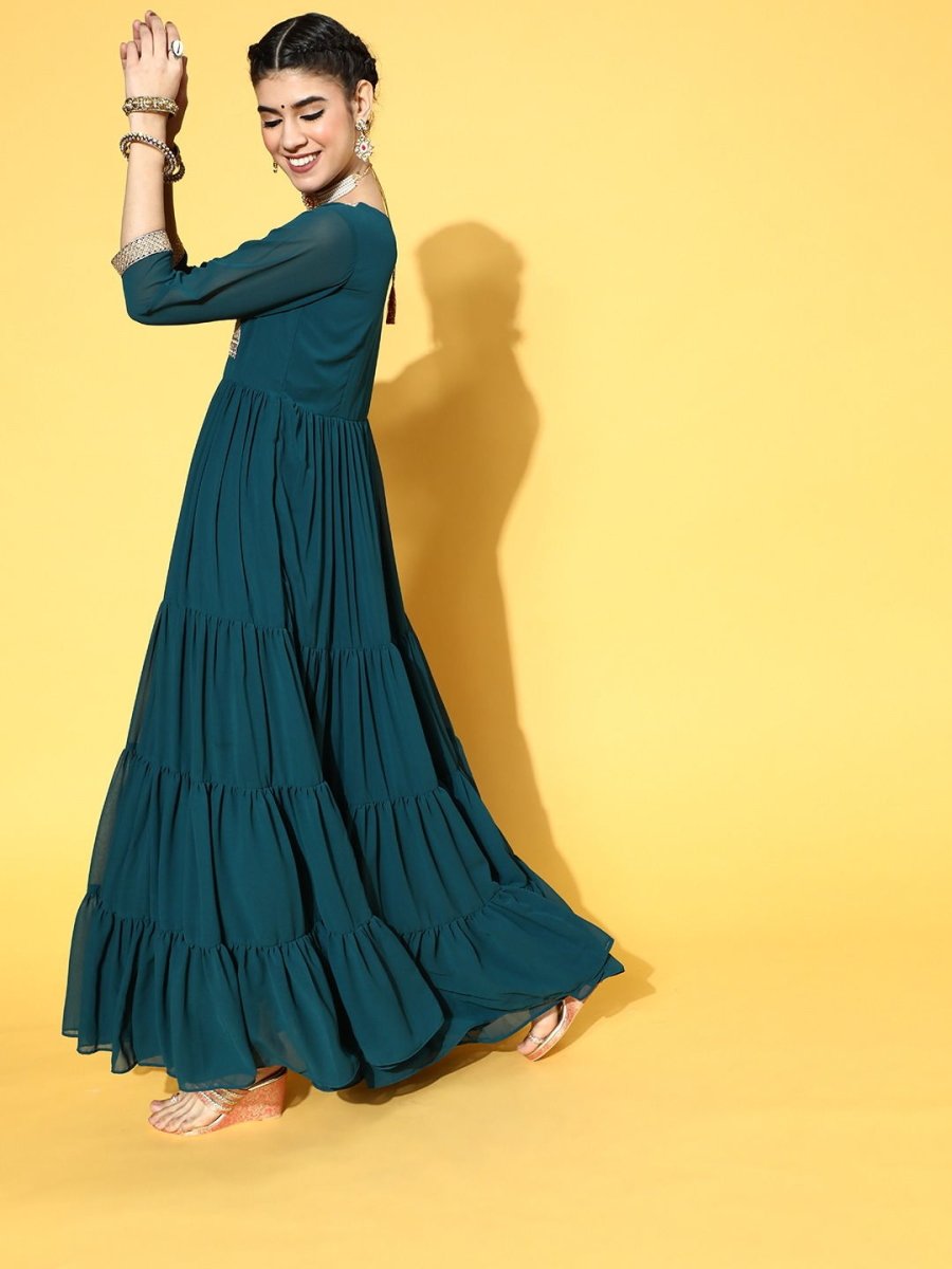 Teal Nylon Partywear Self Design Dresses - Inddus.com