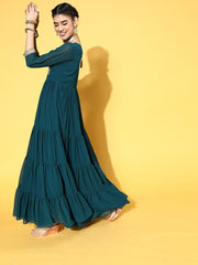 Teal Nylon Partywear Self Design Dresses - Inddus.com