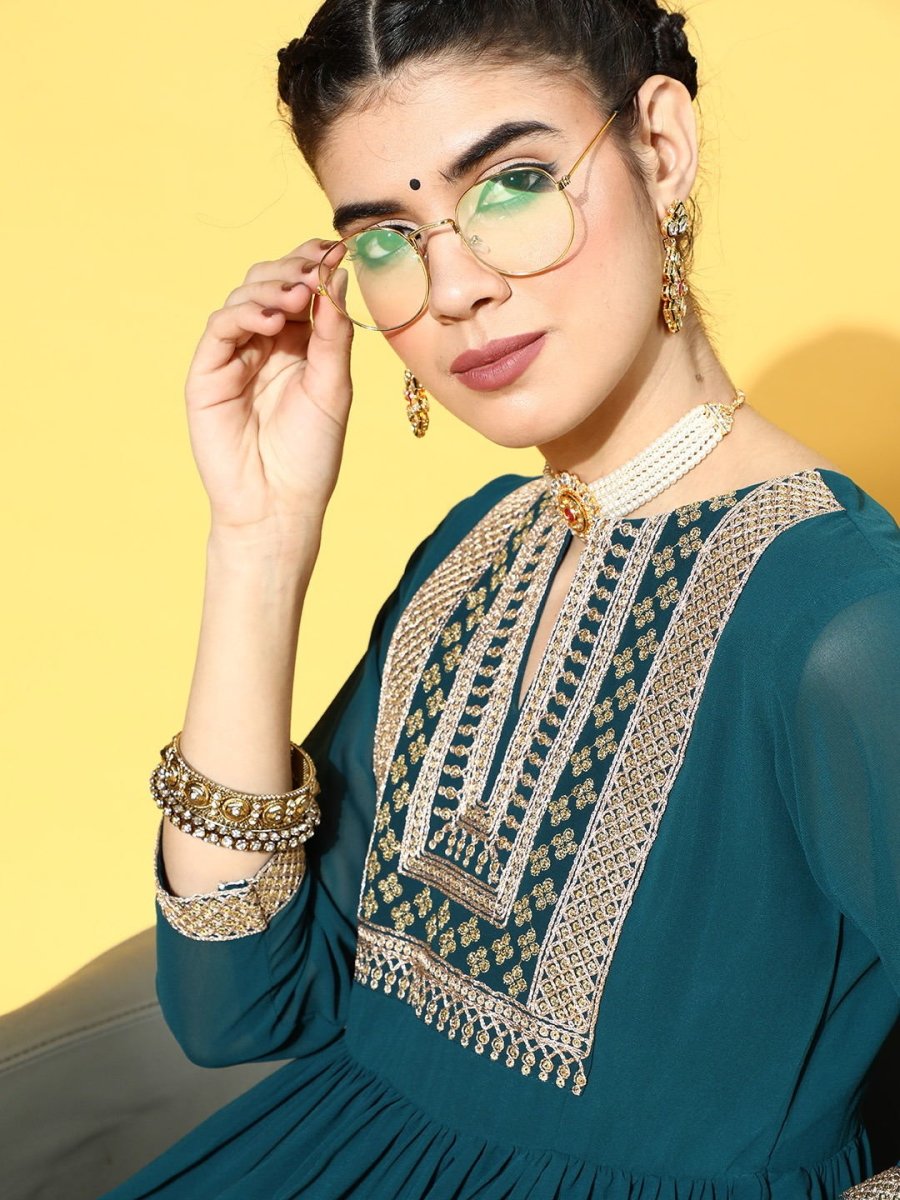 Teal Nylon Partywear Self Design Dresses - Inddus.com