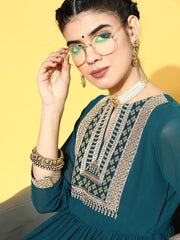 Teal Nylon Partywear Self Design Dresses - Inddus.com