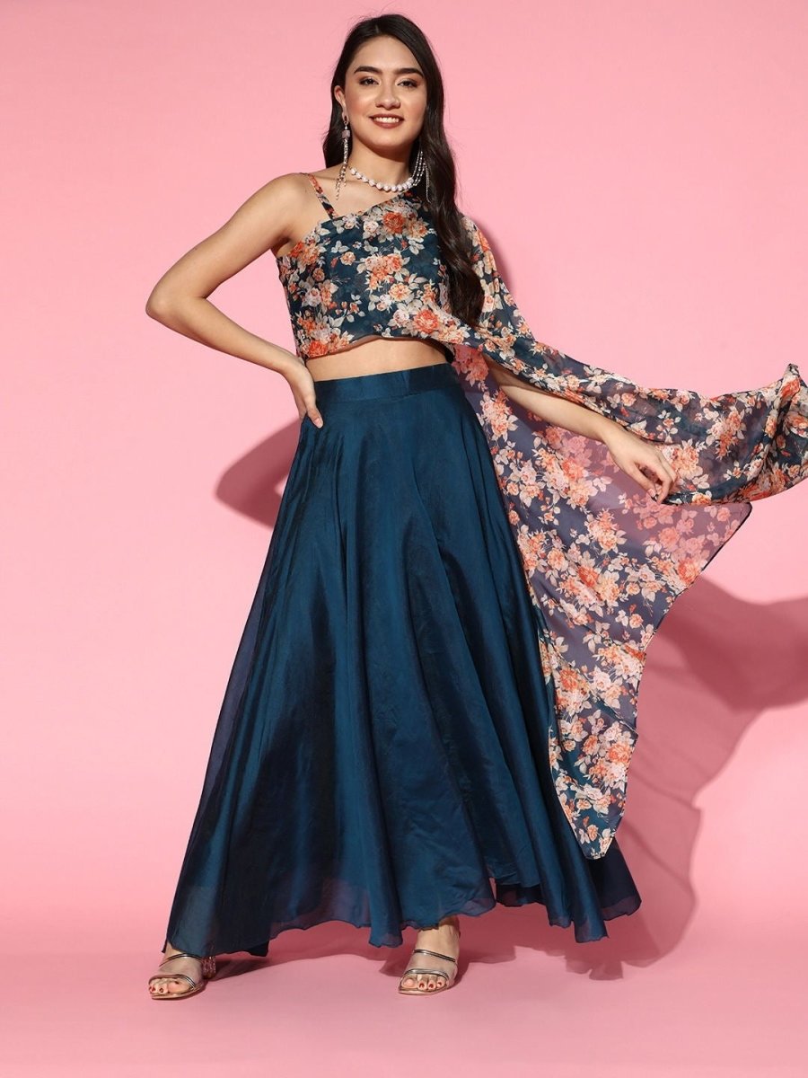 Teal Organza Digital Print Crop Top with Solid Flared Skirt - Inddus.com