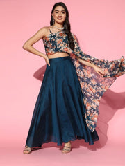 Teal Organza Digital Print Crop Top with Solid Flared Skirt - Inddus.com