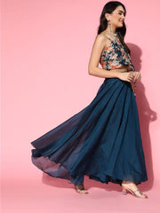 Teal Organza Digital Print Crop Top with Solid Flared Skirt - Inddus.com