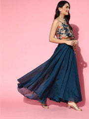 Teal Organza Digital Print Crop Top with Solid Flared Skirt - Inddus.com